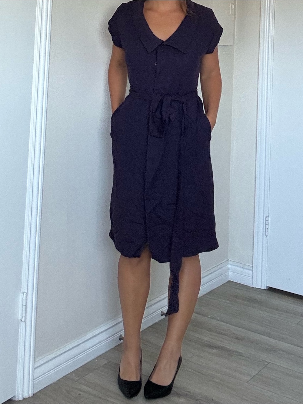 Valette Dark Purple Short-Sleeve Button-Up Tie-Waist Midi Dress